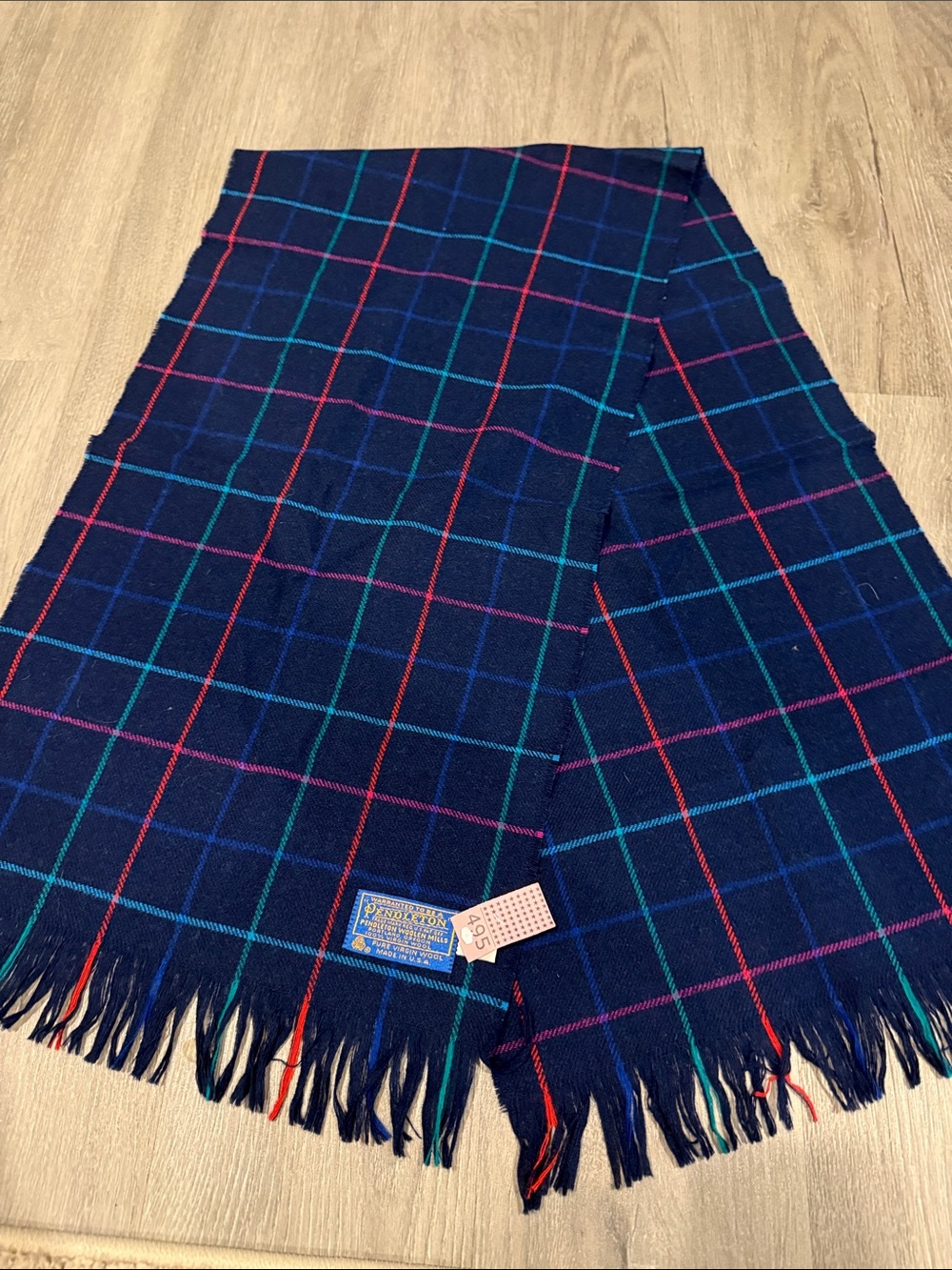 Pendleton Navy Wool Windowpane Scarf with Red & Teal Stripes
